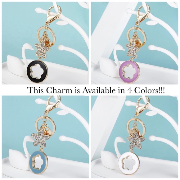 White and Gold Crystal Flower Clover Keychain Charm - Picture 14 of 15